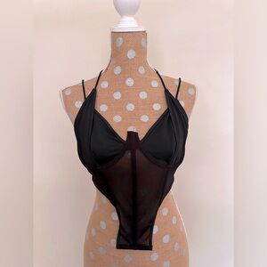 Halter low cut solid mesh bustier cami top